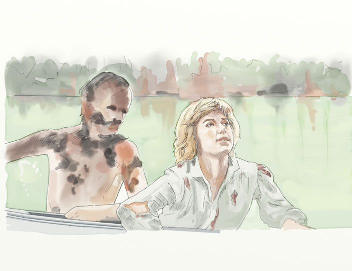 monster grabbing woman in canoe from Friday the 13th movie
