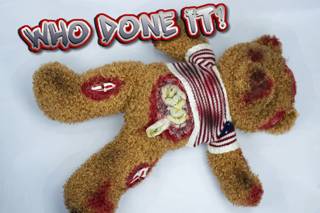 Teddy bear with fake murder scene imagery
