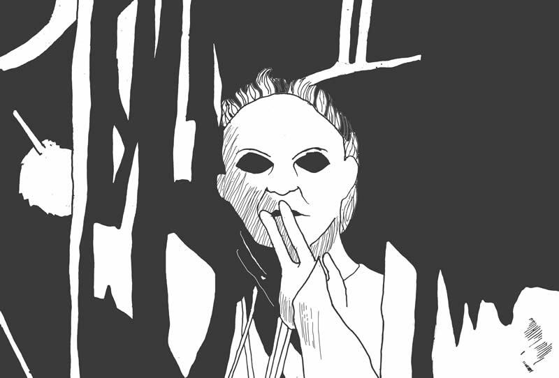 Michael Meyers Halloween Character portrait in black and white with white mask