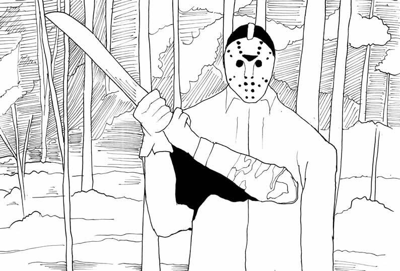 jason voorhees drawing from Friday the 13th holding a machete.