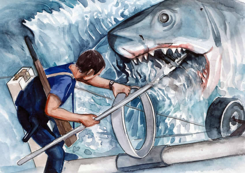 Jaws horror movie painting of a shark attacking a man on a boat