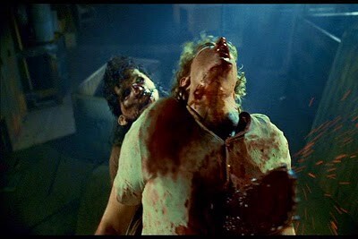 Leather face Texas chainsaw massacre slasher movie scene of a man being sawed in half