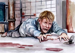 image from the original and scariest saw film of a man on the floor crawling for his phone