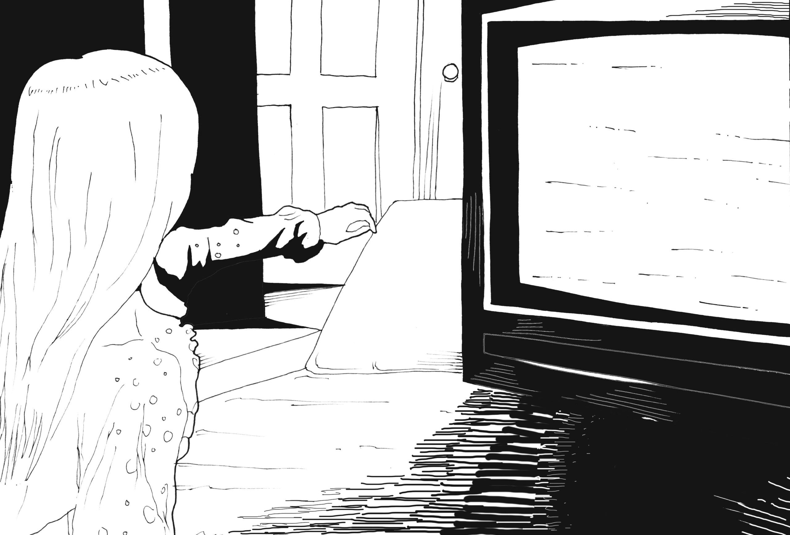 poltergeist drawing of girl in front of a haunted television