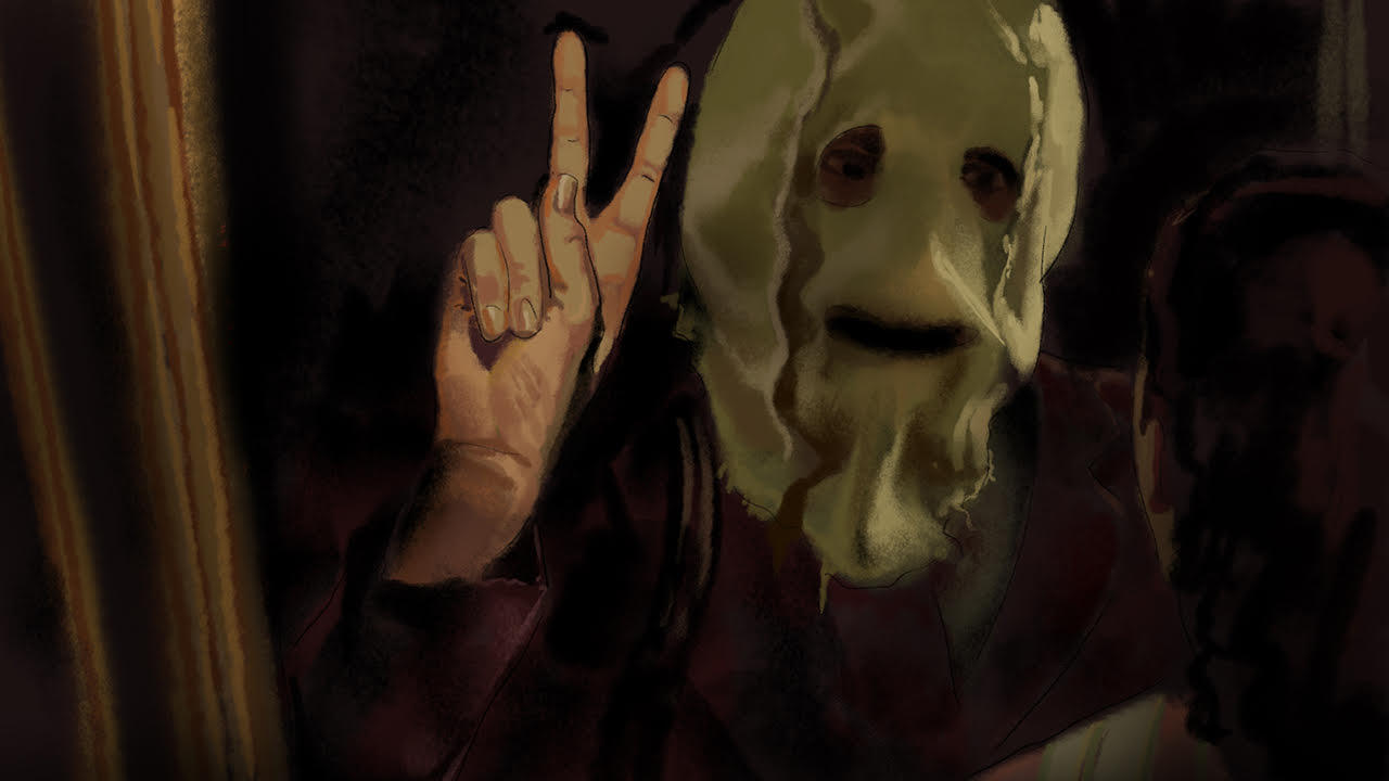 Man with scary mask giving peace sign from horror movie The Strangers