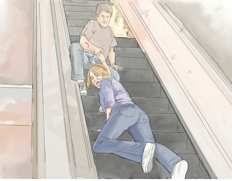 Final Destination movie scene on escalator with woman being saved by a man