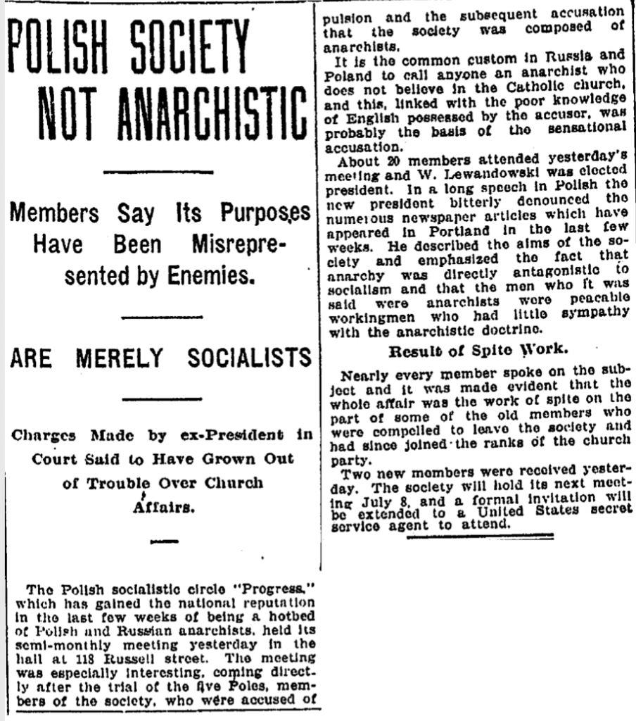Oregonian newspaper clipping from early 1900's about Polish Society not being anarchistic