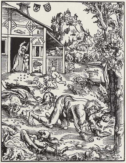 Lycanthropic woodcut of a village attacked by werewolves by Lucas Cranach der Ältere, 1512