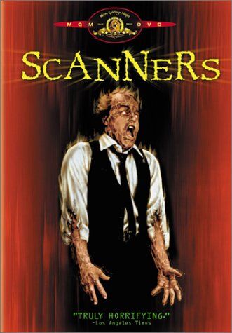 Scanners horror movie poster from 1981 featuring a man whose head is exploding