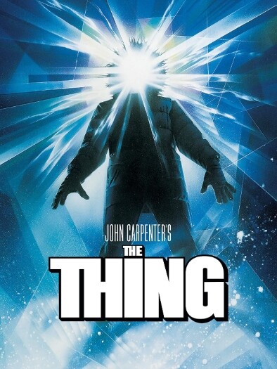 The Thing 1982 sci-fi horror movie poster featuring a man in an arctic suit with beams of light coming through his head