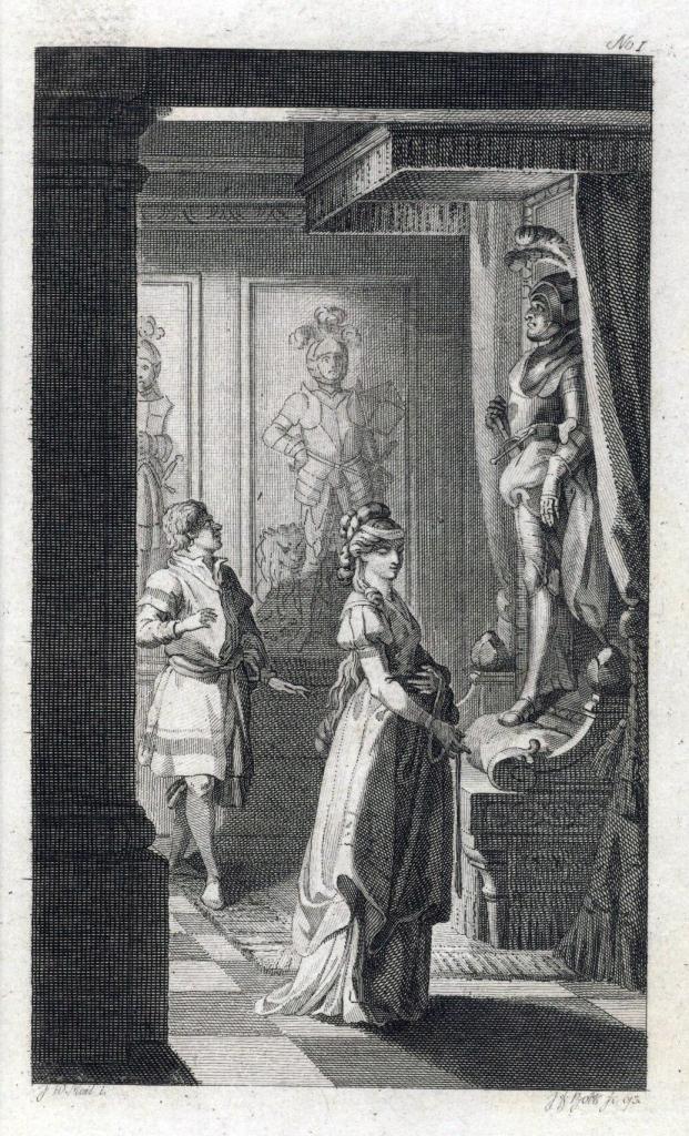 Illustration from Horace Walpole's The Castle of Otranto showing a man and woman in a gothic castle hallway