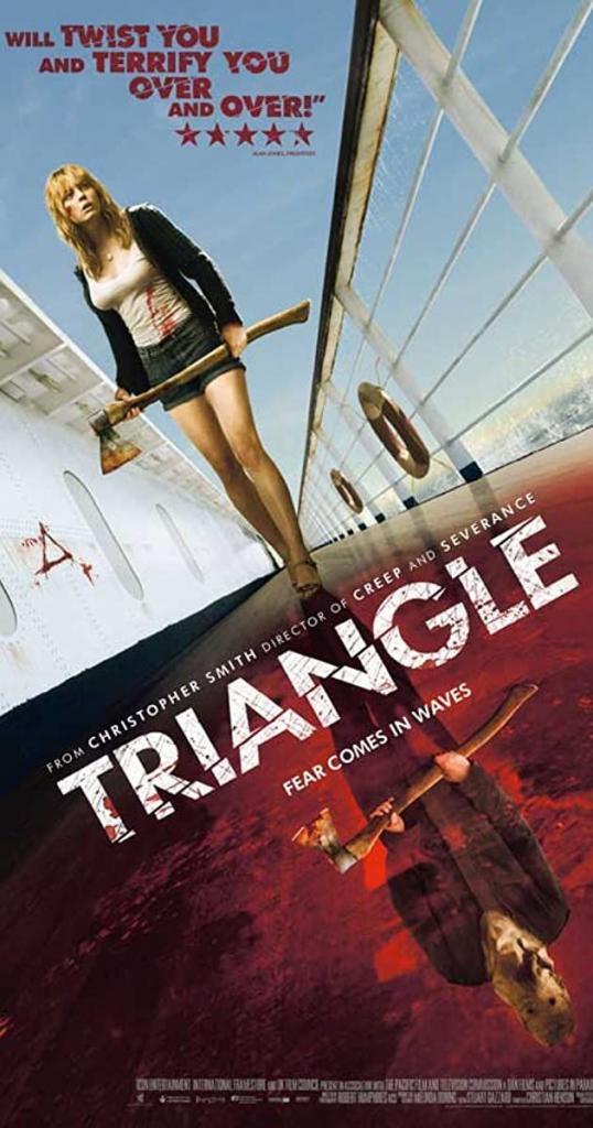 Triangle Folk Horror movie poster with girl holding axe on a boat with a bloody reflection