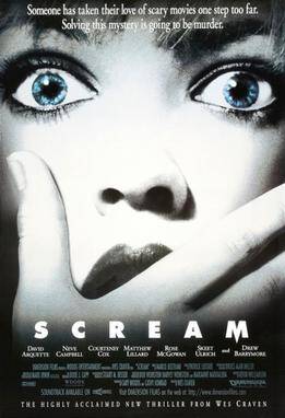 Scream horror movie poster featuring a hand over a woman's mouth