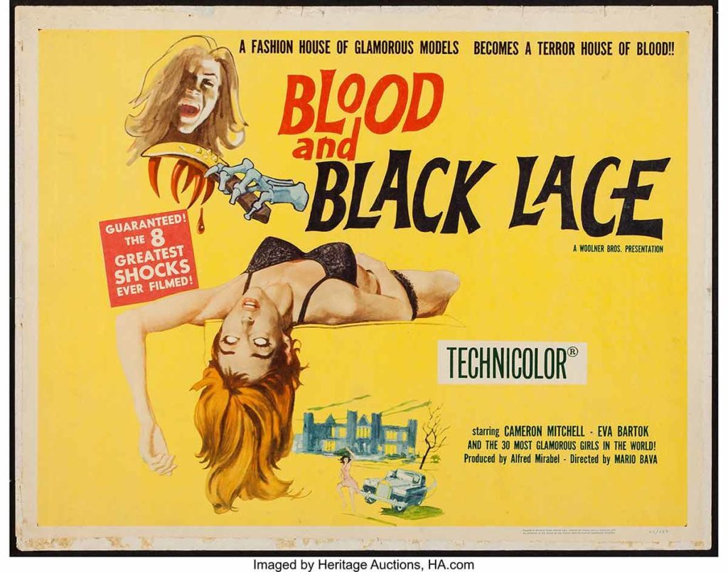 Blood and Black Lace 1964 Movie Poster from the original slasher film featuring two women and a skeleton hand with a knife in it