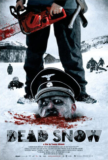 Dead Snow (2009) Horror Film Poster featuring a man with a chainsaw and a Nazi soldiers head in the snow
