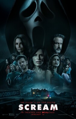 Scream 2022 Slasher Poster featuring ghostface and the cast
