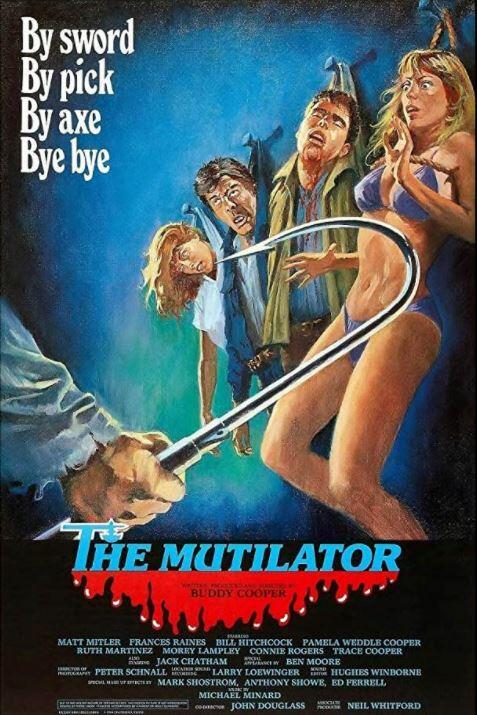 The Mutilator Horror Movie Poster featuring a man with a hook and scared women