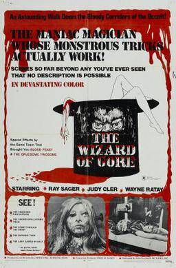 The Wizard of Gore (1970) horror movie poster featuring a drawing of a body in a top hat