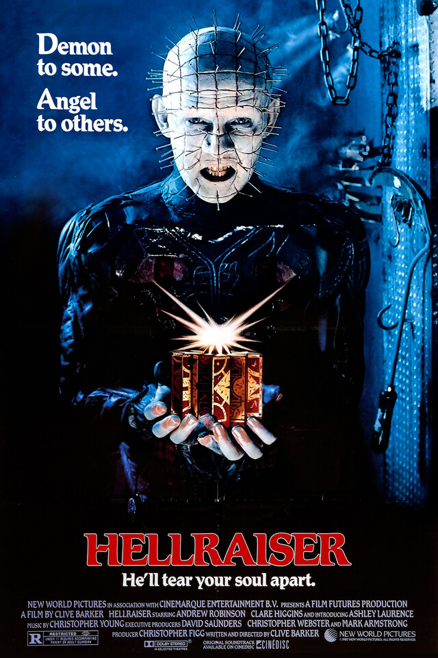 Hellraiser (1987) movie poster with Pinhead demon holding a puzzle box