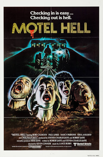 Motel Hell (1980) horror movie poster with a spooky motel and screaming faces