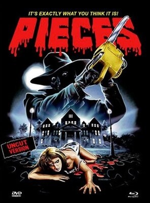 Pieces (1982) Horror Movie Poster featuring a man with a chainsaw and a woman crawling away