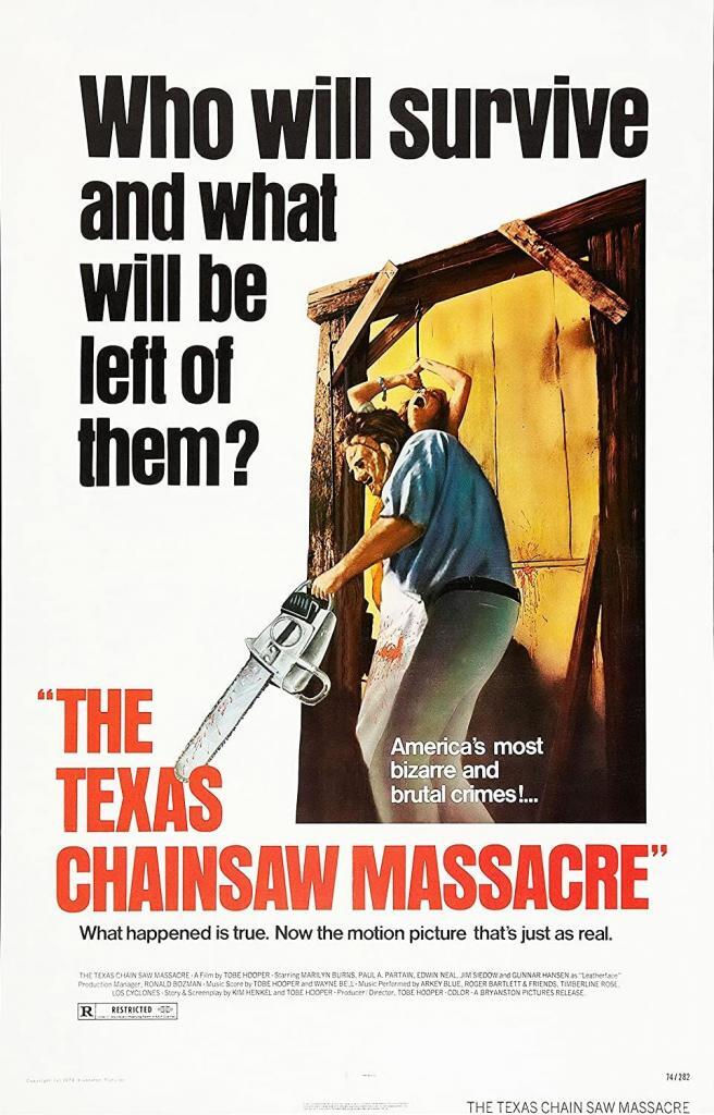 1974 horror movie poster for Texas Chainsaw massacre claiming it is based on a true story featuring a masked man with a chainsaw and a tied up woman
