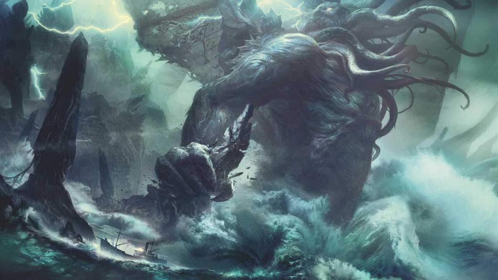 Call of Cthulhu book art featuring a giant monster in the ocean