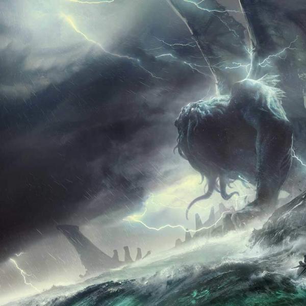 Cthulhu book art featuring a giant coming out of the ocean
