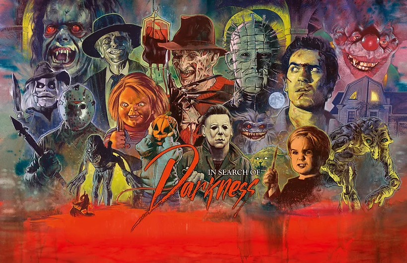 In Search or Darkness movie banner featuring famous 80's horror monsters