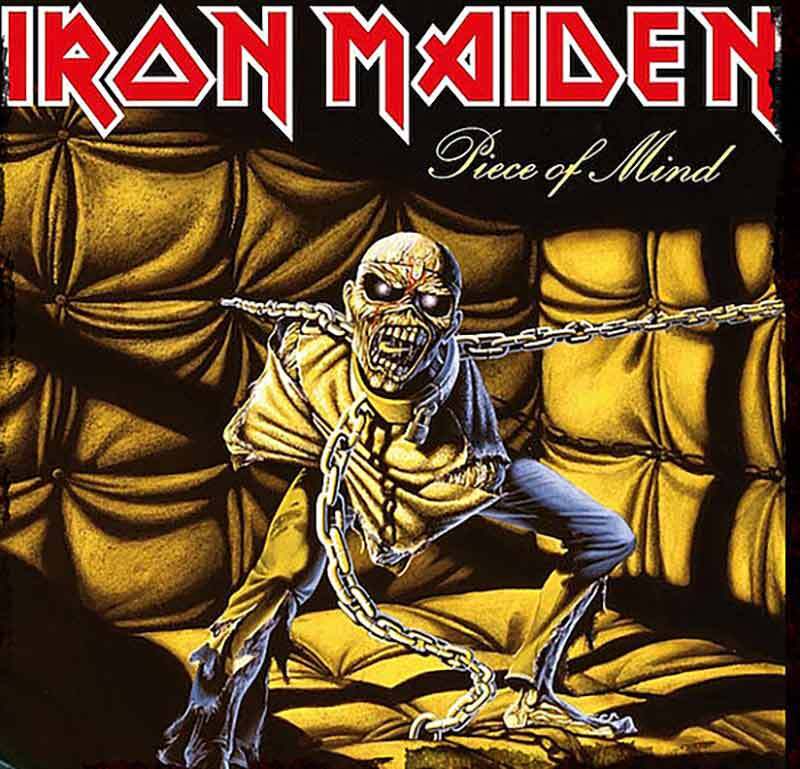 Iron Maiden Piece of Mind Album Cover featuring a chained up skeleton