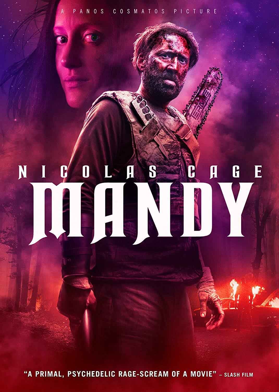 Mandy Horror Movie Poster featuring a man with a chaisnsaw