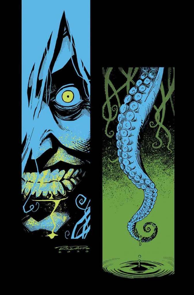 Image from Blue and Green Graphic novel featuring a scared face and a tentacle