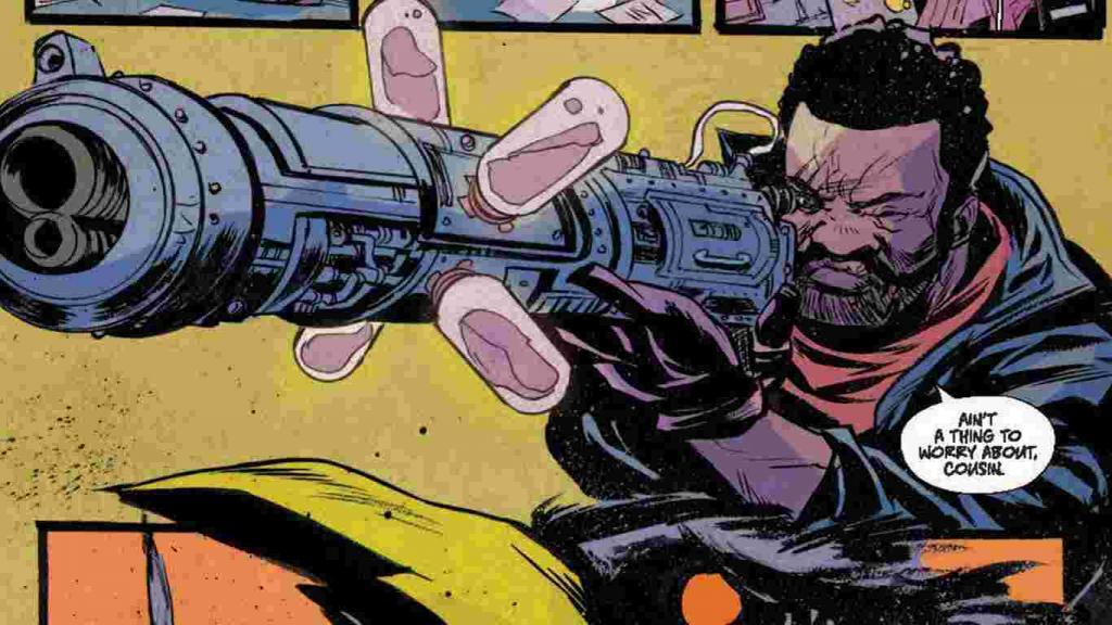 Horror comic art featuring a man with a futuristic gun