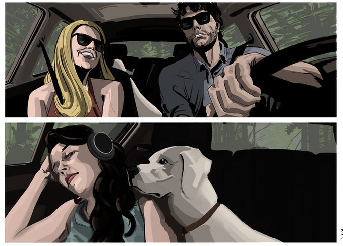 Art from Rise of the Goatman featuring a man and a woman dricing a car