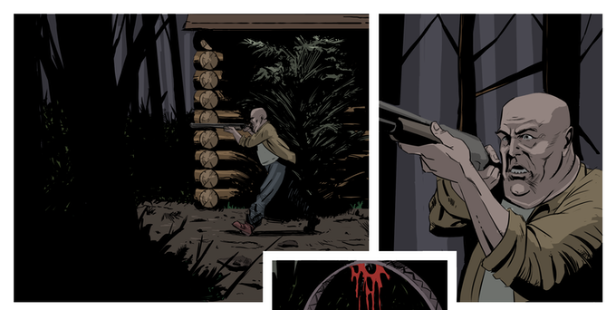 Rise of the Goatman horror comic art featuring a man wit ha gun by a cabin