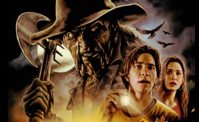 jeepers creepers horror film promotional image with a scary man with an axe and a young couple