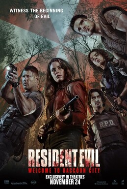 Resident Evil: Welcome to Raccoon City (2022) horror remake poster featuring people with guns