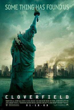 Cloverfield horror movie poster featuring burning high rise buildings in NYC and the statue of liberty