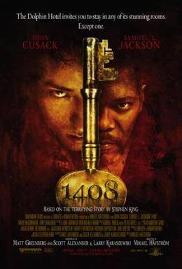 1408 horror movie poster featuring 2 mens faces and an old key