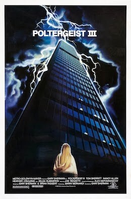 poltergeist 3 movie poster featuring a blonde girl and a scary high rise building