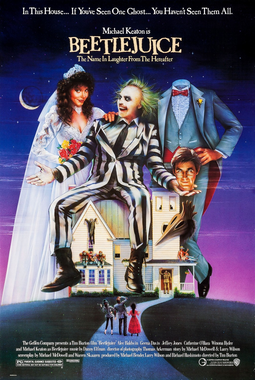 Beetlejuice movie poster featuring a groom and bride and Beetlejuice on a house