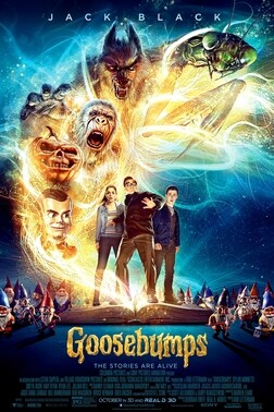 goosebumps family friendly horror movie poster featuring teens, monsters and a magic book