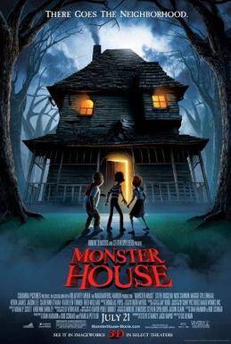 Monster house kids horror movie animated poster featuring three kids and a scary house
