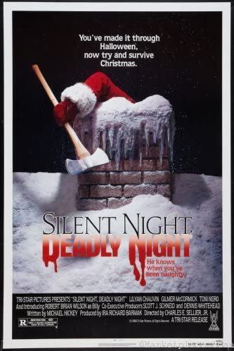 Silent Night Deadly Night Holiday Horror Movie with Santa Holding an axe in a chimney