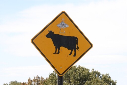 Road sign of ufo abducting a cow
