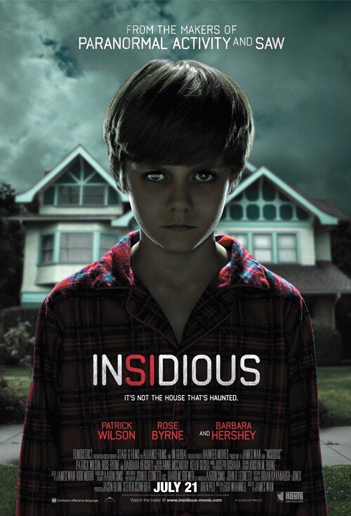 Insidious (2010) horror movie poster featuring a scary child in front of a house