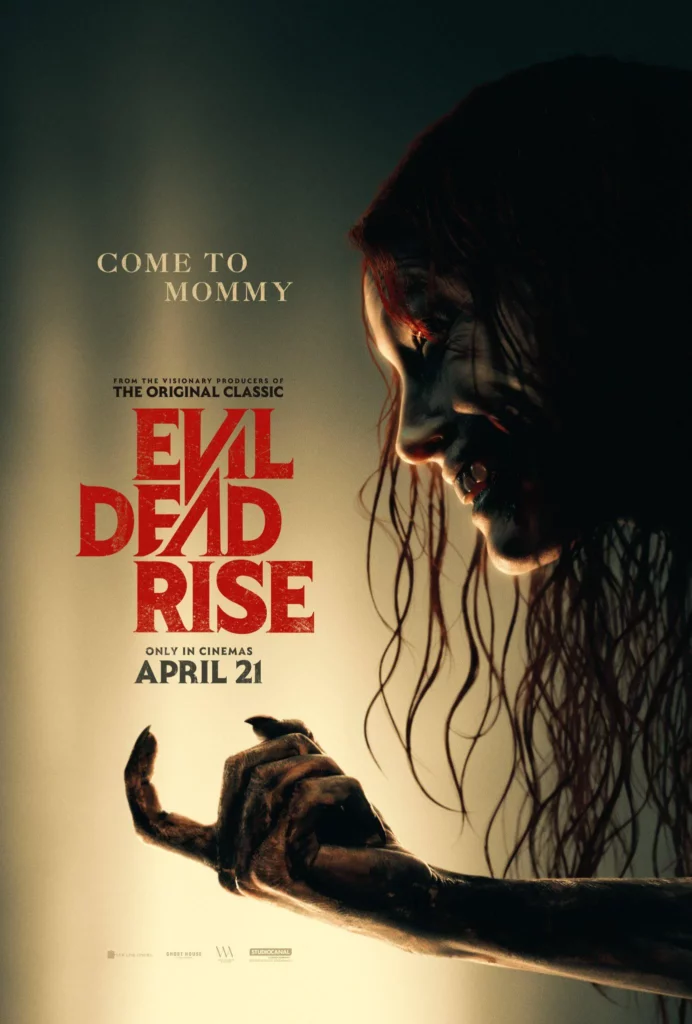 Evil Dead Rise horror movie poster featuring a deadite woman