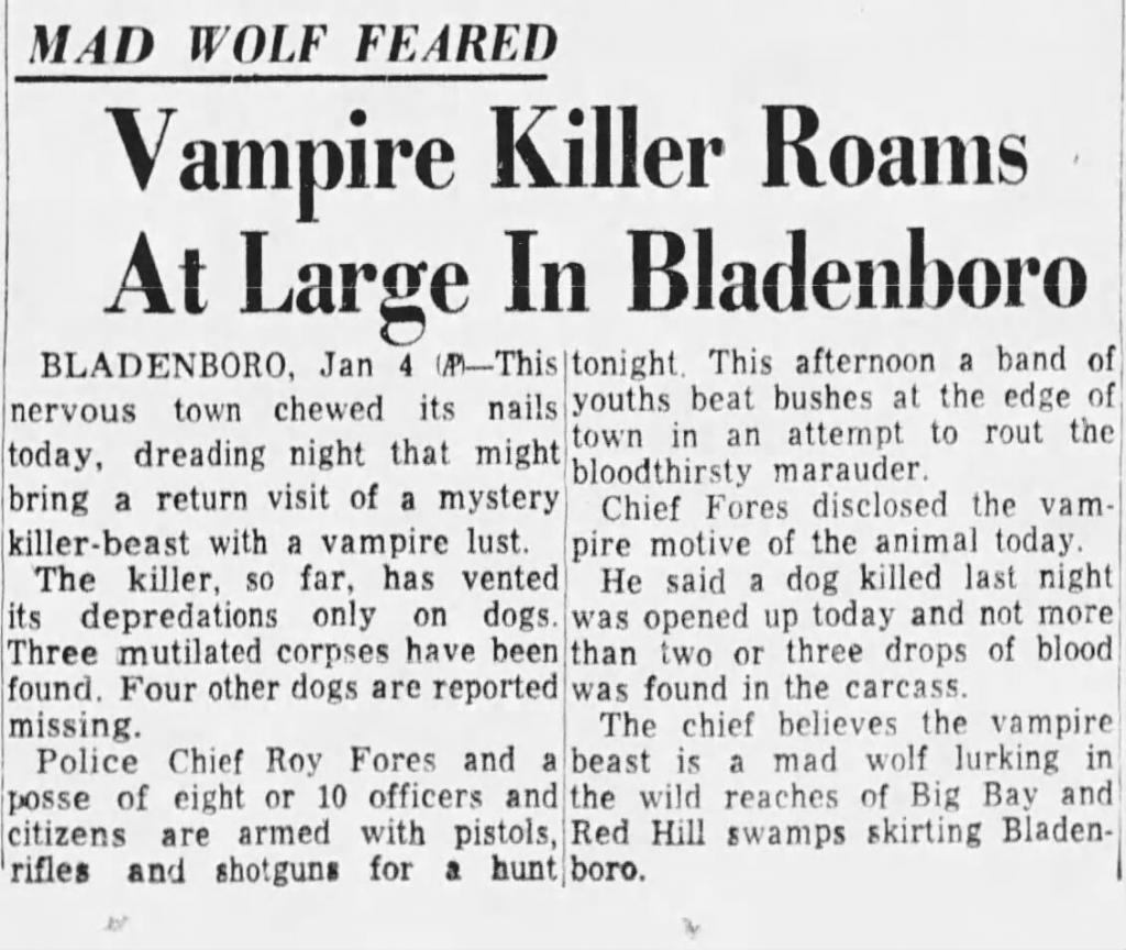 Mad Wolf Feared: Vampire Killer Roams At Large In Bladenboro Bladenboro, Jan 4 — This nervous town chewed its nails today, dreading night that might bring a return visit of a mystery killer-beast with a vampire lust. The killer, so far, has vented its depredations only on dogs. Three mutilated corpses have been found. Four other dogs are reported missing. Police Chief Roy Fores and a posse of eight or 10 officers and citizens are armed with pistols, rifles, and shotguns for a hunt tonight. This afternoon a band of youths beat bushes at the edge of town in an attempt to rout the bloodthirsty marauder. Chief Fores disclosed the vampire motive of the animal today. He said a dog killed last night was opened up today and not more that two or three drops of blood was found in the carcass. The chief believes the vampire beast is a mad wolf lurking in the wild reaches of Big Bay and Red Hill swamps skirting Bladenboro.