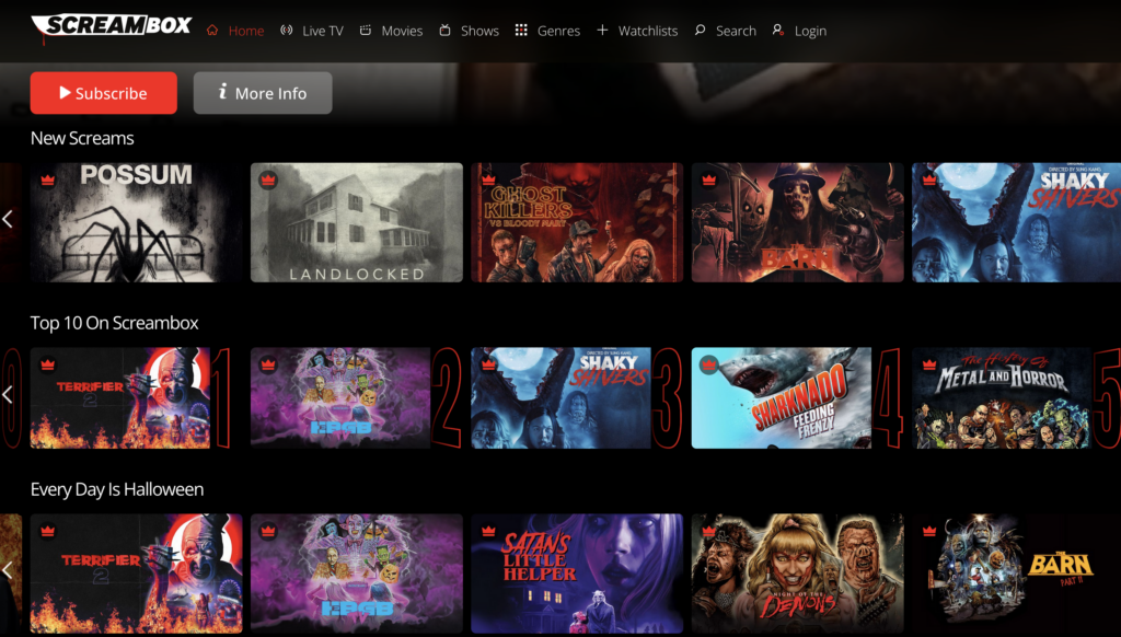 Screambox horror app screen shot showing many horror movie titles
